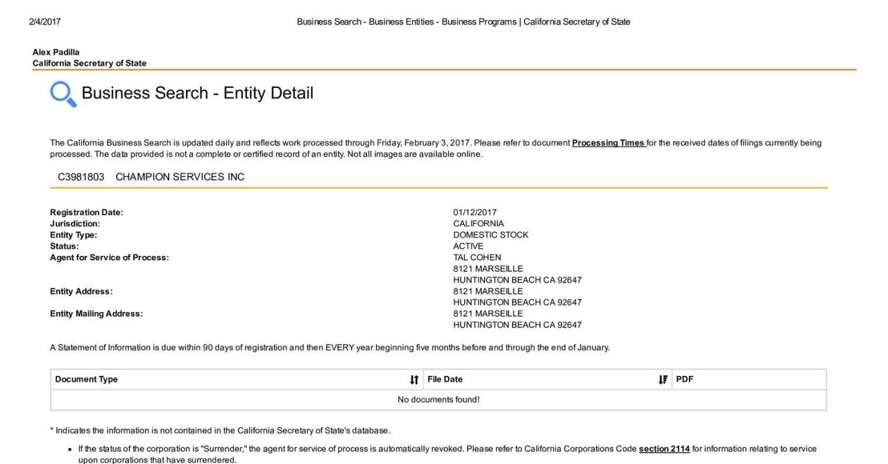 California search entity business sos corporation ca name information company detailed screenshot shows below also may statement
