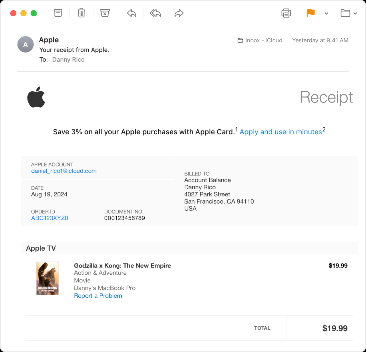 An image showing a receipt from Apple in an iCloud Mail inbox.