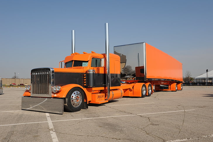 HD wallpaper: orange freight truck, custom, peterbilt, transportation ...