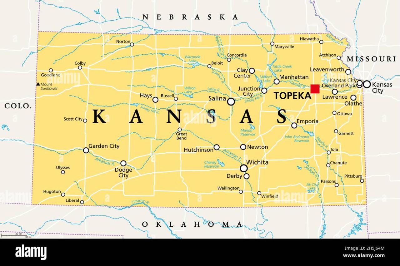 Kansas, Kansas, carte politique avec la capitale Topeka, les fleuves et ... Kansas, Kansas, carte politique avec la capitale Topeka, les fleuves et ...